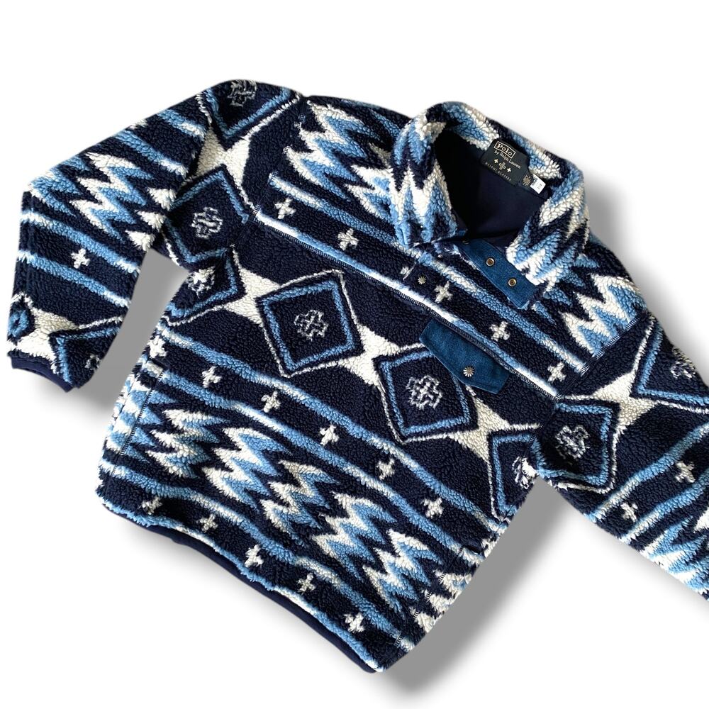 Polo Ralph Lauren X Naiomi Glasses Navajo Print Fleece Pullover Jacket S Blue